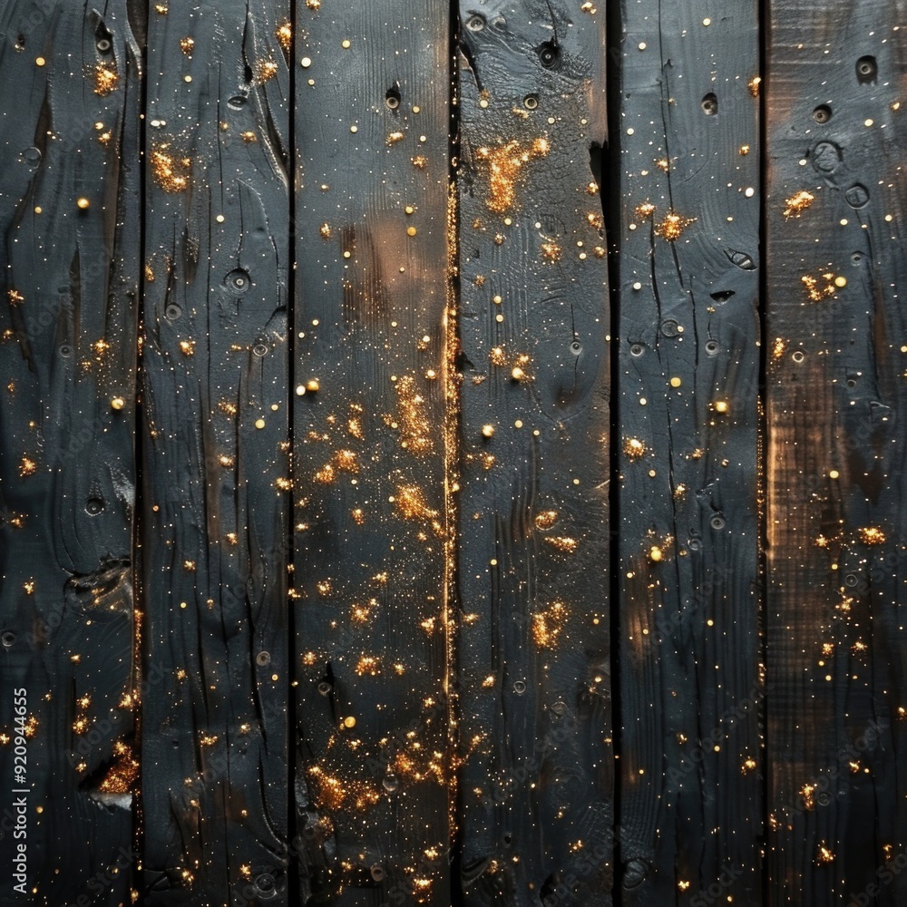 Overhead Perspective of Dark Wooden Floor Adorned with a Layer of Glittering Gold Confetti Overhead Perspective of Dark Wooden Floor Adorned with a Layer of Glittering Gold Confetti