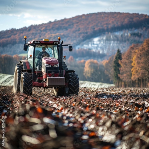 Agricultural Tractor in Action: Tilling Fields and Caring for Crops during the Growing Season