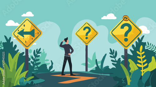 flat design BigBusiness decision making, career path, choose the right way to success concept, confusing businessman looking at multiple road sign with question 
 photo