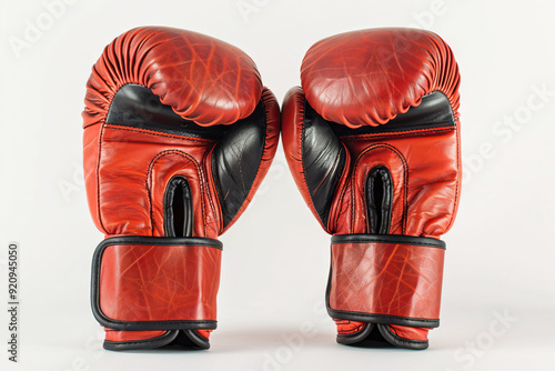 Two red leather boxing gloves isolated on white background symbolizing combat sports and training photo