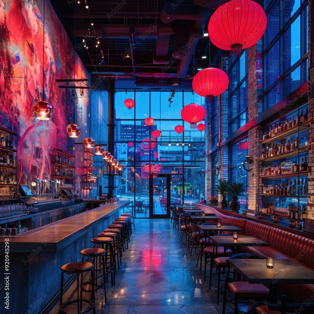 Chic Urban Bar: Modern Decor, Red Lanterns, Dark Wood Furniture, Captivating Ambiance Chic Urban Bar: Modern Decor, Red Lanterns, Dark Wood Furniture, Captivating Ambiance