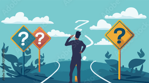 flat design BigBusiness decision making, career path, choose the right way to success concept, confusing businessman looking at multiple road sign with question 
 photo