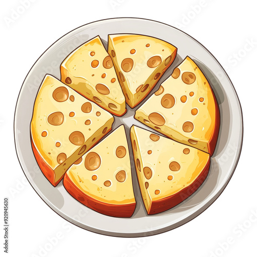 A round cheese wheel cut into five slices, sitting on a white plate.  The cheese has a yellow rind and large holes throughout. photo