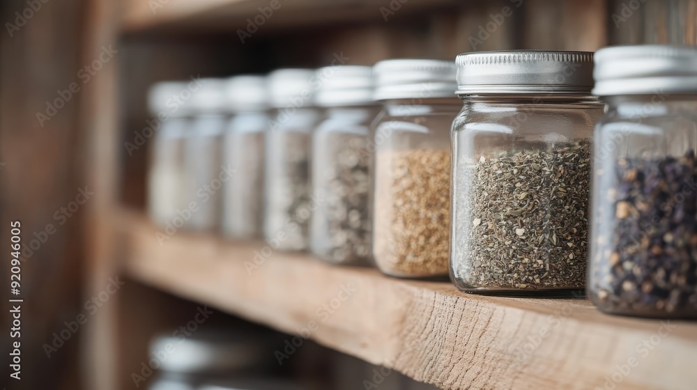 Spice jars with metal lids neatly arranged on a rustic wooden shelf, showcasing an organized and aesthetic kitchen space that emphasizes functionality and simplicity in design. Spice jars with metal lids neatly arranged on a rustic wooden shelf, showcasing an organized and aesthetic kitchen space that emphasizes functionality and simplicity in design.