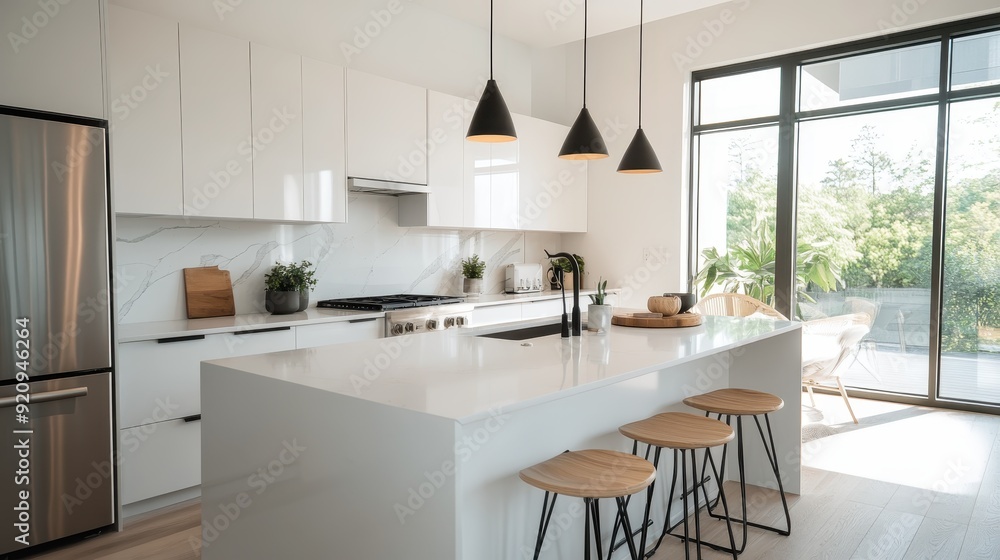 A sleek, contemporary kitchen design showcasing white cabinets, a large white countertop island, stainless steel appliances, black pendant lights, and a large window offering natural light. A sleek, contemporary kitchen design showcasing white cabinets, a large white countertop island, stainless steel appliances, black pendant lights, and a large window offering natural light.