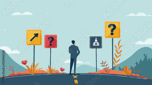 flat design BigBusiness decision making, career path, choose the right way to success concept, confusing businessman looking at multiple road sign with question 
 photo