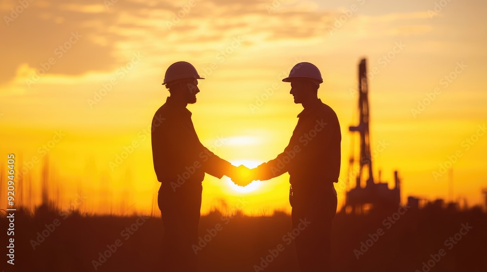 Silhouette of two oil workers shaking hands in the field at sunset, symbolizing collaboration and success in the oil industry. Silhouette of two oil workers shaking hands in the field at sunset, symbolizing collaboration and success in the oil industry.