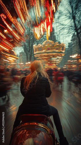 Dreamy Portrait of a Blonde Girl in Front of Sparkling Carousel Lights