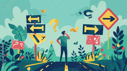 flat design BigBusiness decision making, career path, choose the right way to success concept, confusing businessman looking at multiple road sign with question 
