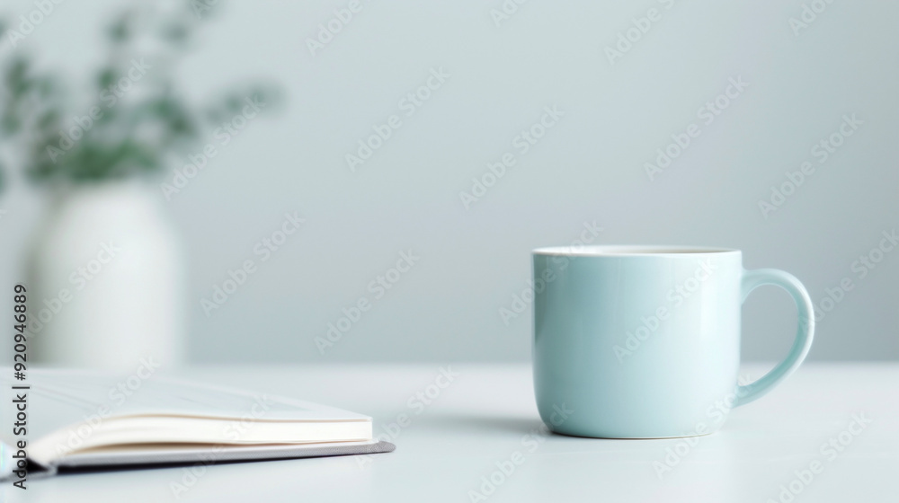 Gentle Morning Scene with Open Book and Blue Mug on White Table with Plant in Background, Perfect for Relaxation, Reading, Minimalist Design, Home Decor, and Tranquil Moments in Quiet Spaces Gentle Morning Scene with Open Book and Blue Mug on White Table with Plant in Background, Perfect for Relaxation, Reading, Minimalist Design, Home Decor, and Tranquil Moments in Quiet Spaces