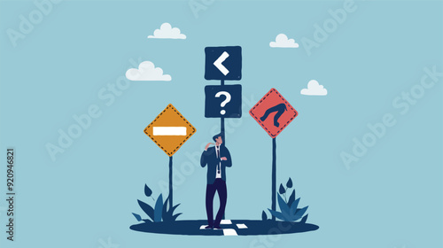 flat design BigBusiness decision making, career path, choose the right way to success concept, confusing businessman looking at multiple road sign with question 
 photo