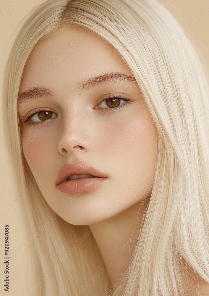 A blonde woman with a light brown nose and a pink lip A blonde woman with a light brown nose and a pink lip