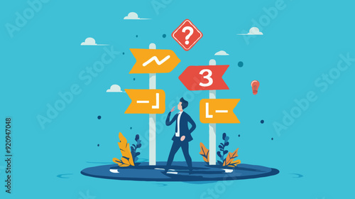 flat design BigBusiness decision making, career path, choose the right way to success concept, confusing businessman looking at multiple road sign with question 
