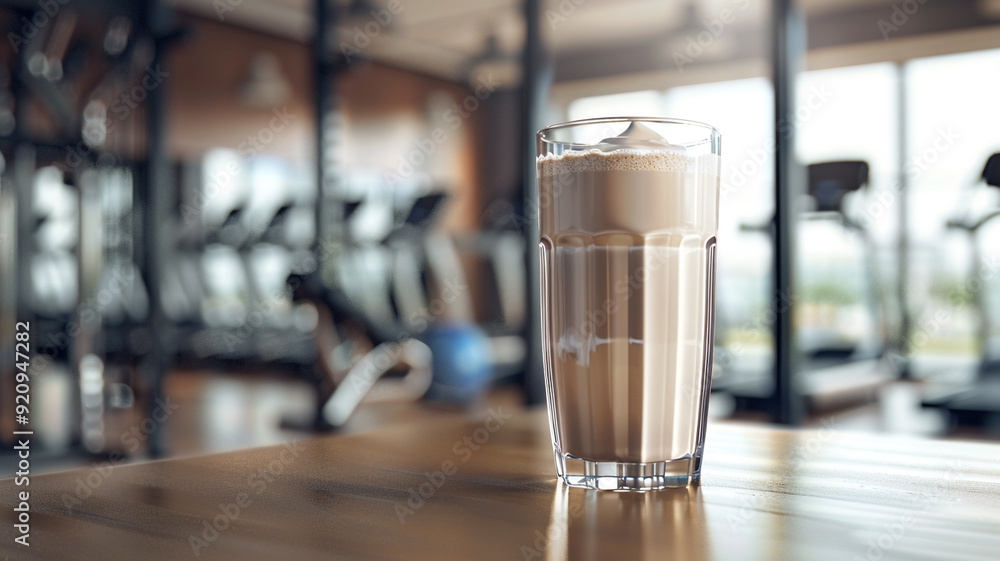 A glass of protein shake on the table in a fitness gym A glass of protein shake on the table in a fitness gym