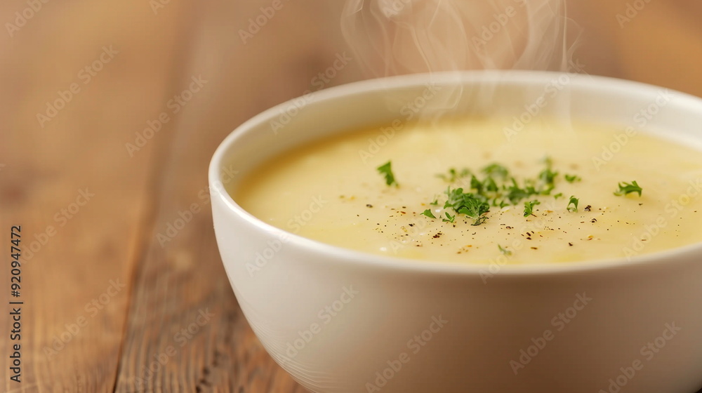 Steaming Bowl Of Creamy Potato Soup With Fresh Herbs On Rustic Wooden Table Perfect For Cold Winter Days And Comfort Food Lovers Ideal For Food Photography And Culinary Blog Design Steaming Bowl Of Creamy Potato Soup With Fresh Herbs On Rustic Wooden Table Perfect For Cold Winter Days And Comfort Food Lovers Ideal For Food Photography And Culinary Blog Design