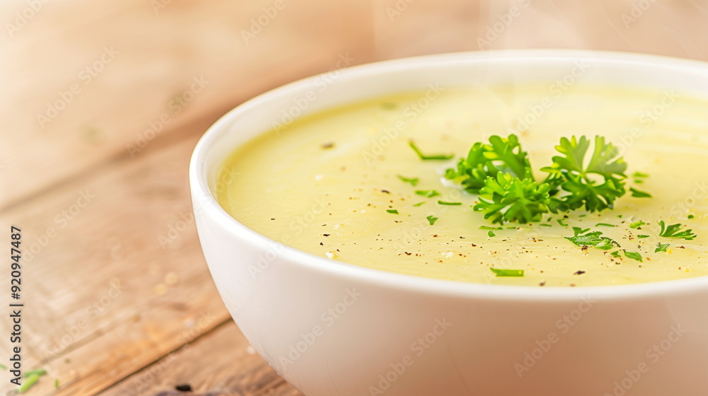 Steaming Bowl of Creamy Soup with Fresh Herbs in White Dish on Wooden Tabletop for Comfort Food and Home Cooking Concepts Steaming Bowl of Creamy Soup with Fresh Herbs in White Dish on Wooden Tabletop for Comfort Food and Home Cooking Concepts