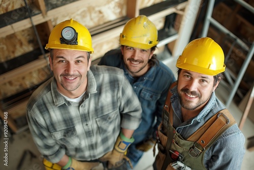 Three construction workers wearing helmets and gear pose while working on a home renovation project.