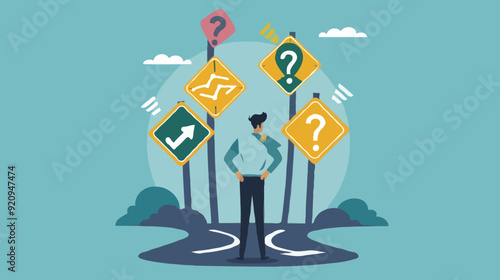 flat design BigBusiness decision making, career path, choose the right way to success concept, confusing businessman looking at multiple road sign with question 
 photo