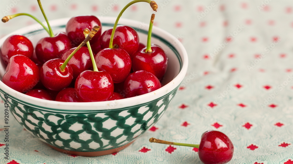 Fresh Vibrant Red Cherries in Ceramic Bowl Against Patterned Cloth Background Highlighting Summer Harvest and Healthy Eating