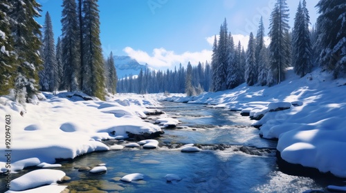 A sparkling stream cuts through a snowy mountain forest under a bright blue sky.