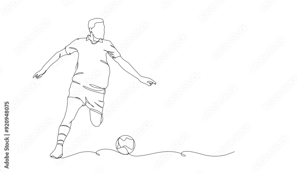 continuous line drawing of soccer player shooting vector illustration. Single one line art of young man playing soccer ball template. continuous line drawing of soccer player shooting vector illustration. Single one line art of young man playing soccer ball template.