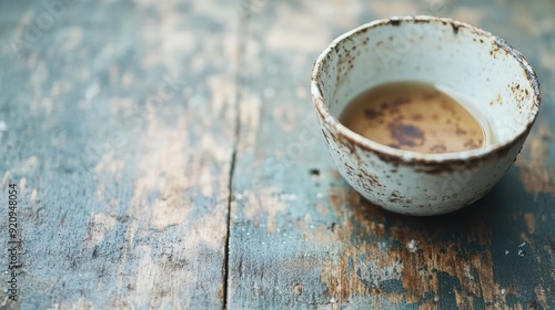 A close-up image showing a partially filled ceramic bowl containing tea, placed on a textured, aged wooden table surface, illustrating simplicity and rustic charm. photo