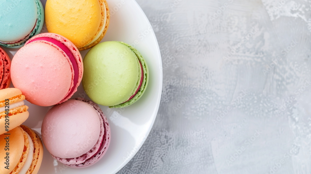 Overhead View of Neatly Stacked Colorful Macarons on White Plate with Textured Background, Perfect for Bakery Advertising, Confectionery Promotion, Pastry Blogs, Dessert Menus, and Food Photography Overhead View of Neatly Stacked Colorful Macarons on White Plate with Textured Background, Perfect for Bakery Advertising, Confectionery Promotion, Pastry Blogs, Dessert Menus, and Food Photography
