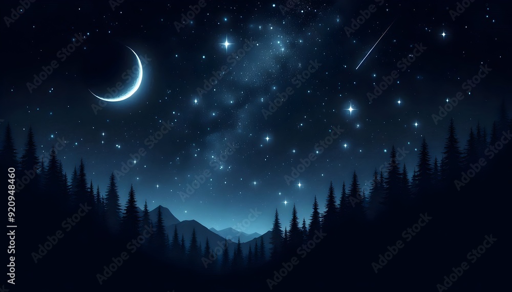 A night sky full of stars, the moon, and a dark view of a forest and trees A night sky full of stars, the moon, and a dark view of a forest and trees