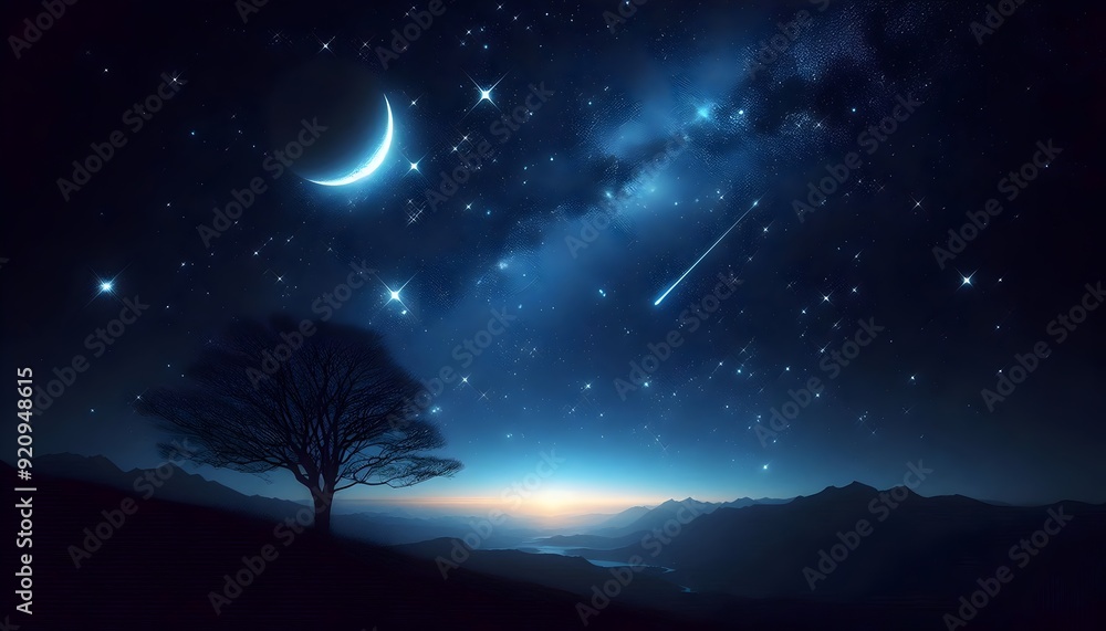 A night sky full of stars, the moon, and a dark view of a forest and trees A night sky full of stars, the moon, and a dark view of a forest and trees