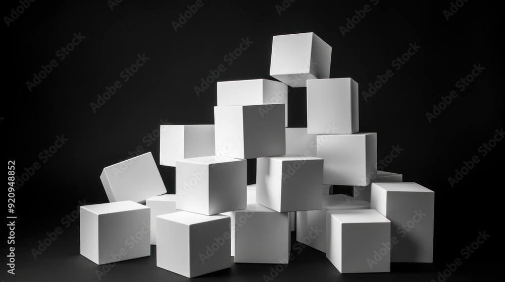 Collection of white cubes arranged randomly on a black background. Cubes background. Collection of white cubes arranged randomly on a black background. Cubes background.