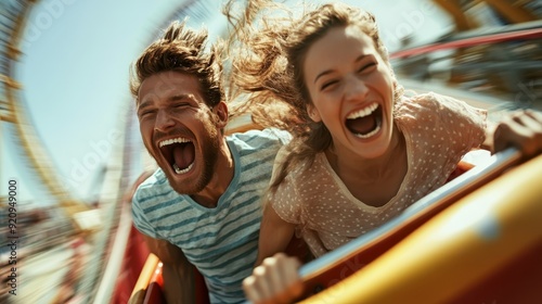 A couple is captured in the exhilarating moment of a thrilling roller coaster ride, their expressions filled with excitement and joy as they speed down the track.
