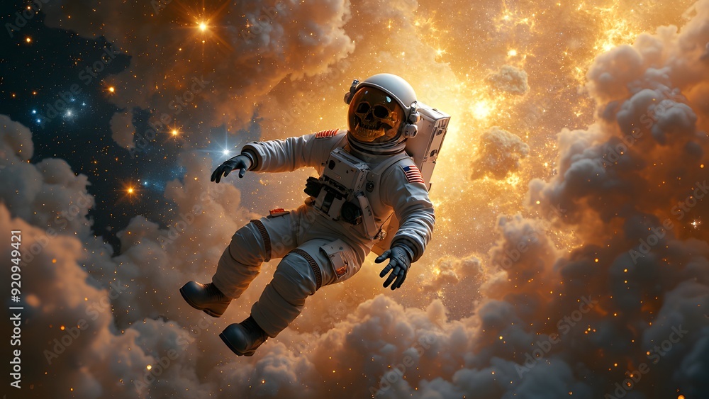 Astronaut Drifting in Glowing Nebula with Skulls, Surreal Outer Space Scene Astronaut Drifting in Glowing Nebula with Skulls, Surreal Outer Space Scene