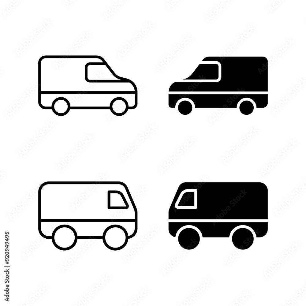 Van icon set. Minibus. Black contour linear silhouette vector color editable Van icon set. Minibus. Black contour linear silhouette vector color editable