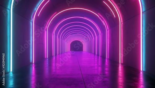 Neon lights illuminate a long  arched hallway with a reflective floor.