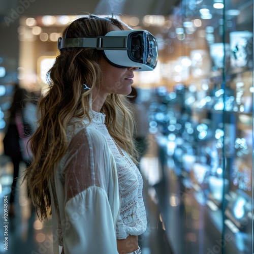 Immersive Virtual Reality Experience: Woman in VR Goggles Interacts with Futuristic Museum Exhibit