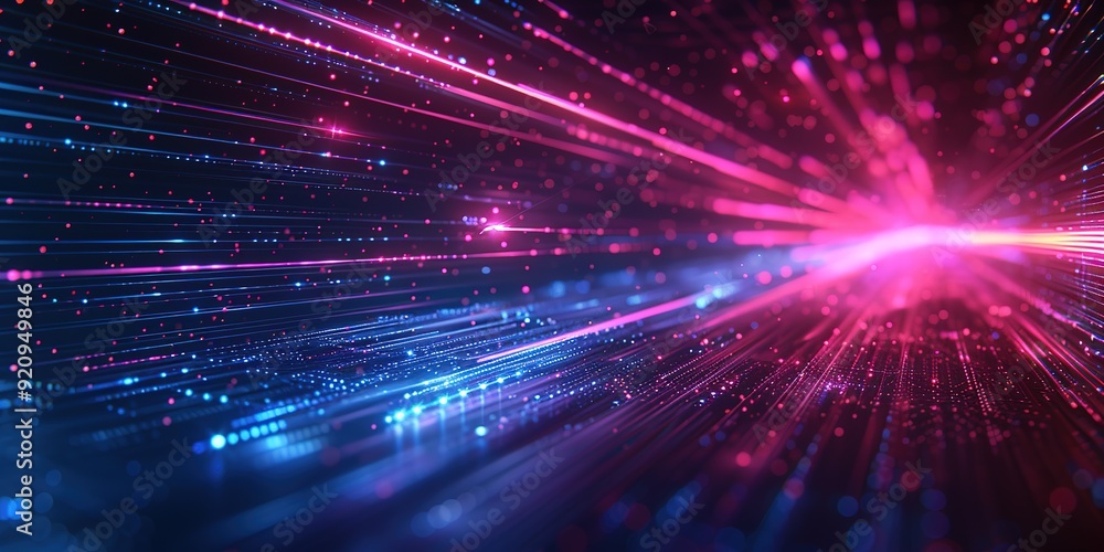 Fototapeta premium Abstract background of glowing lines and particles in pink and blue.