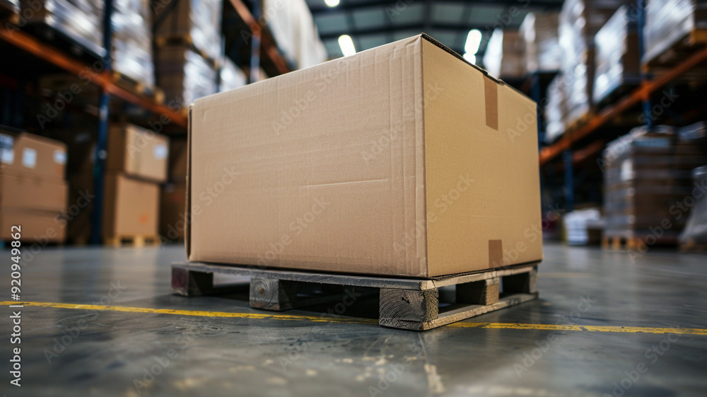 cardboard box on a pallet in a warehouse cardboard box on a pallet in a warehouse