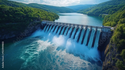 A stunning aerial view of a hydroelectric dam surrounded by lush greenery and serene water, showcasing nature's beauty and engineering.