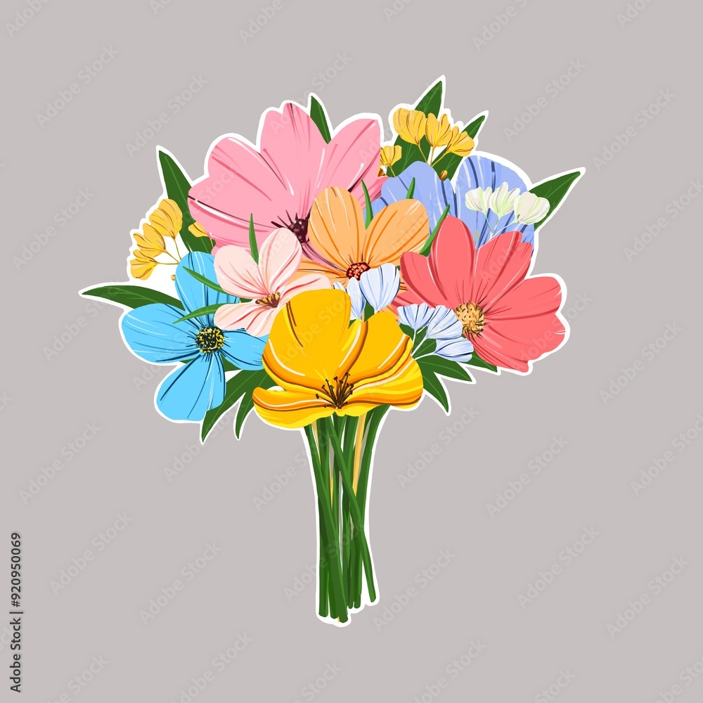Sticker beautiful bouquet of flowers leaves . Hand drawn greeting card. Sticker beautiful bouquet of flowers leaves . Hand drawn greeting card.