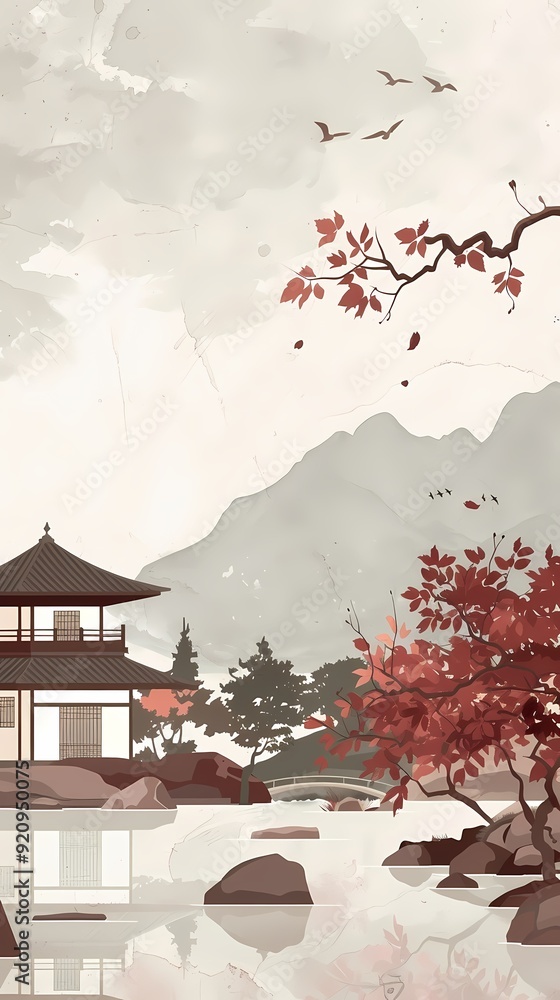 red and light beige minimalist mural of a zen garden illustration background poster red and light beige minimalist mural of a zen garden illustration background poster