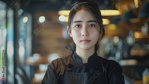 a young beautiful Asian female chef in a restaurant.