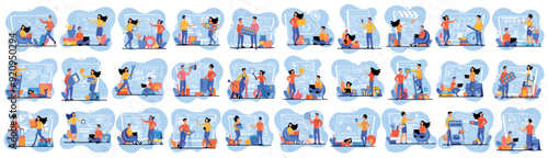 Bundle of stylish concepts with people scene in flat cartoon design. The topics of these illustrations include business, traveling, hobby, earning and more on a blue background. Vector illustration.