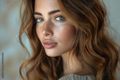 Wallpaper Mural Glamorous Brunette with Long, Wavy Brown Hair in Profile, Highlighting Shiny Curls Torontodigital.ca