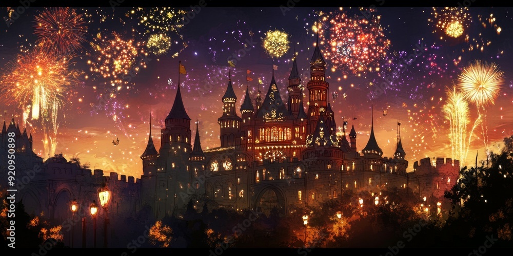 Fototapeta premium Enchanting Winter Wonderland: Snowy Christmas Eve in Animated Cityscape. Magical Night Scene with Illuminated Christmas Tree, Falling Snowflakes, and Festive Atmosphere. Vibrant Anime-Style Digital Ar