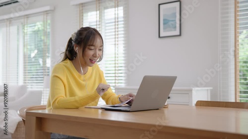 Future of workforce work hybrid anywhere workplace for Gen Z AI tech talent. Young adult asia people sit video call talk learn online telework or study MBA class at home happy smile digital nomad job. photo