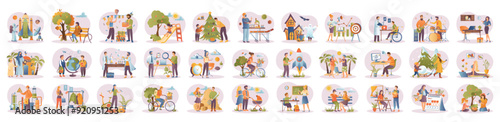 Mega set of gradient concepts with people scene in flat cartoon design. A massive collection of incredible illustrations of men and women in various situations. Vector illustration.
