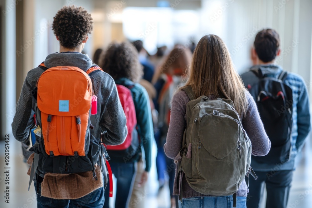 A diverse group of university students strolls through a brightly lit hallway, engaged in casual conversation and enjoying their time on campus A diverse group of university students strolls through a brightly lit hallway, engaged in casual conversation and enjoying their time on campus