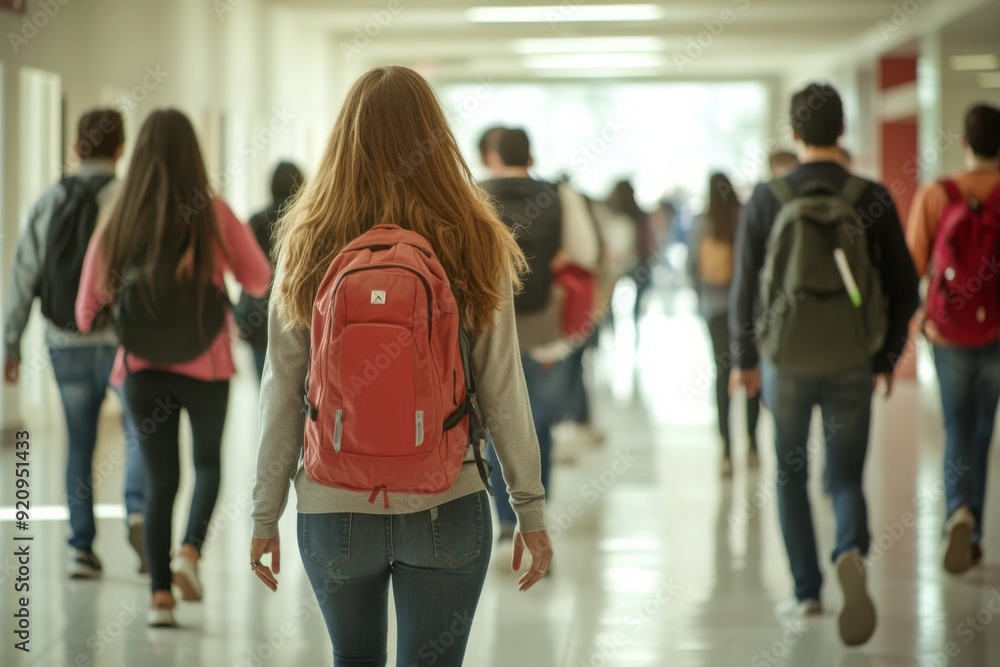 University students of different backgrounds stroll through a well-lit hallway, engaged in conversation and enjoying campus life on a sunny afternoon University students of different backgrounds stroll through a well-lit hallway, engaged in conversation and enjoying campus life on a sunny afternoon