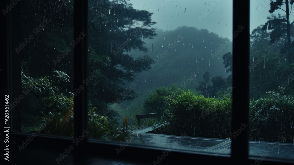 A wet, windowpane view of the rainy forest. A wet, windowpane view of the rainy forest.