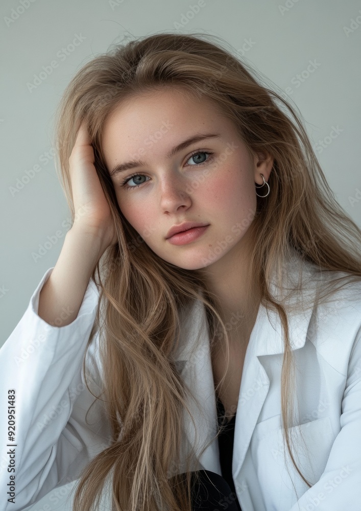 A woman with long brown hair is sitting in a white jacket A woman with long brown hair is sitting in a white jacket